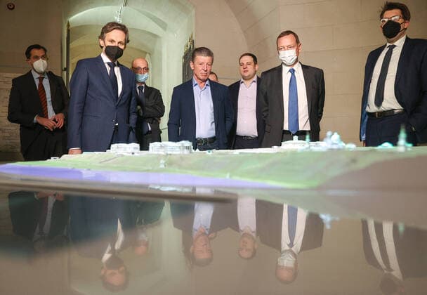 MOSCOW REGION, RUSSIA â€“ JANUARY 6, 2022: The German Chancellor s foreign and security policy adviser Jens Plotner, Deputy Chief of Staff of Russiaâ€™s Presidential Executive Office Dmitry Kozak and the French president s diplomatic advisor Emmanuel Bonne (from L front) are seen in the Arkhangelskoye museum estate before Normandy format talks to discuss Ukraine crisis de-escalation and strengthening strategic stability in Europe. Sergei Bobylev TASS  TS11E24D