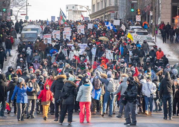 January 8, 2022, Montreal, PQ, Canada: People take part in a demonstration against the Quebec governmentöÄÃ s measures to curb the spread of COVID-19 in Montreal, Saturday, Jan. 8, 2022. Montreal Canada  - ZUMAc35_ 20220108_zaf_c35_043 Copyright: xGrahamxHughesx