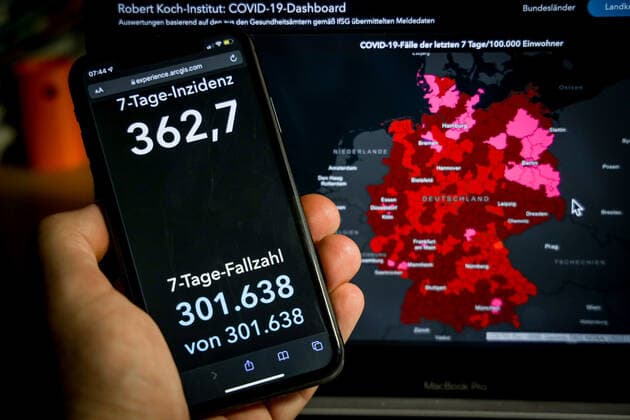 Coronavirus in Germany Covid 19 Dashboard of the Robert Koch Institute 09 01 2022 Robert Koch Institute 7 days Incidence 362.7 7 days Number of cases 301 638 COVID 19 Cases 7 510 436 Addition by 36 552 compared to previous day COVID 19 Deaths 113 977 Addition by 77 compared to previous day