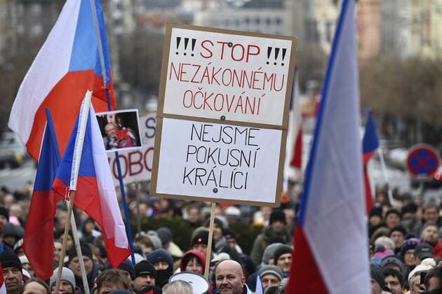 The DOG Croaked anti-lockdown movement meeting took place on Wenceslas Square in Prague, Czech Republic, today, on Sunday, January 9, 2022. (CTKxPhoto OndrejxDeml) CTKPhotoP2022010903724 
