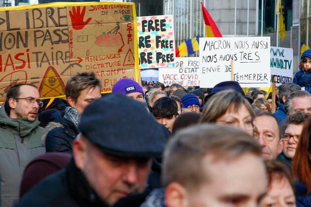 Illustration picture shows a protest against corona measures under the together for freedom moniker, Sunday 09 January 2022 in Brussels.  NICOLASxMAETERLINCK 3169699