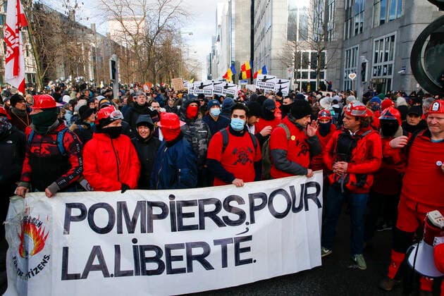 Illustration picture shows a protest against corona measures under the together for freedom moniker, Sunday 09 January 2022 in Brussels.  NICOLASxMAETERLINCK 3169702