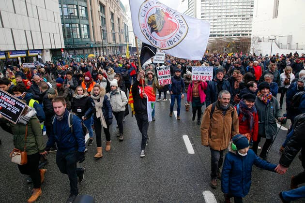 Illustration picture shows a protest against corona measures under the together for freedom moniker, Sunday 09 January 2022 in Brussels.  NICOLASxMAETERLINCK 3169730