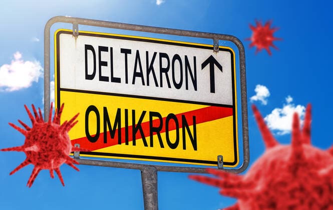 09 January 2022: Deltacron new covid-19 coronavirus mutant mutation of sars cov 2 virus a mixture of the delta and omicron variant, warning sign symbol delta cron