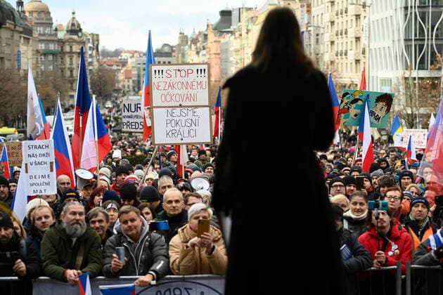 The DOG Croaked We Will Open Czechia group anti-lockdown movement s Nine Steps to Freedom protest event against mandatory COVID vaccination of selected professionals took place on Wenceslas Square in Prague, Czech Republic, today, on Sunday, January 9, 2022. (CTKxPhoto OndrejxDeml) CTKPhotoP2022010904573  dml_001