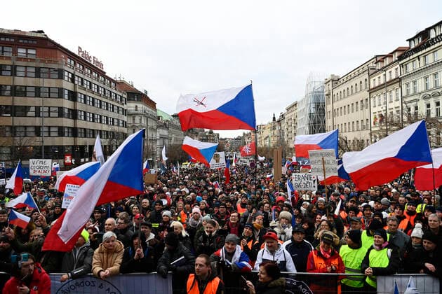 The DOG Croaked We Will Open Czechia group anti-lockdown movement s Nine Steps to Freedom protest event against mandatory COVID vaccination of selected professionals took place on Wenceslas Square in Prague, Czech Republic, today, on Sunday, January 9, 2022. (CTKxPhoto OndrejxDeml) CTKPhotoP2022010904575  dml_003