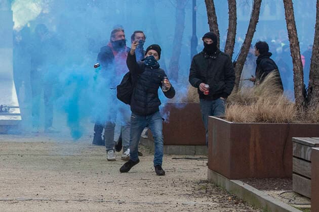 09 01 2022 , Brussels , Belgium , Thousands demonstrate against the governments corona measures in Belgium and against compulsory vaccination , light rioting after end of demonstration