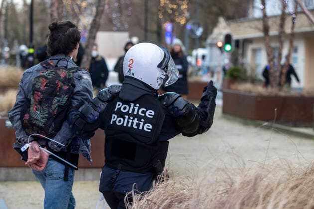 09 01 2022 , Brussels , Belgium , Thousands demonstrate against the governments corona measures in Belgium and against compulsory vaccination , light rioting after end of demonstration