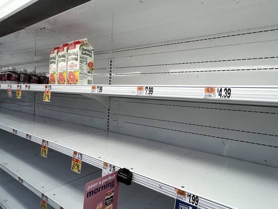 ALEXANDRIA, VA - JANUARY 9: View of empty shelves at a local Giant supermarket as the omicron covid variant causes widespread supply chain delays resulting in empty shelves in many food markets on January 9, 2022 in Alexandria, Virginia. Copyright: xmpi34x