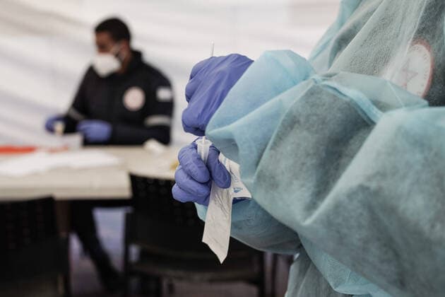 January 10, 2022, Jerusalem, Israel: Israelis undergo COVID-19 tests at the Ein Yael drive thru complex in Jerusalem as Israel faces a surge in Coronavirus infection most likely due to the Omicron variant. Magen David Adom, IsraelÃ¢â‚¬â ¢s leading EMS, conducts PCR tests for the elderly and Antigen tests for all others as a shortage of PCR test kits threatens the near future. Although Antigen tests have proven significantly inaccurate providing both FALSE POSITIVE and FALSE NEGATIVE results, some of the countryÃ¢â‚¬â ¢s economy and education system relies on frequent testing for those not vaccinated. Jerusalem Israel - ZUMAa126 20220110_zap_a126_003 Copyright: xNirxAlonx