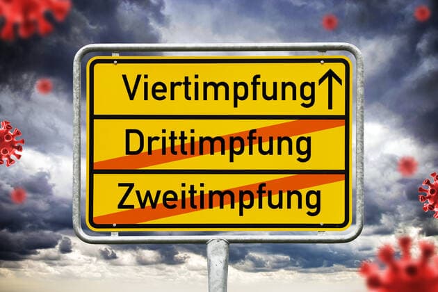 FOTOMONTAGE, Ortsschild mit Aufschrift Zweitimpfung, Drittimpfung und Viertimpfung, Symbolfoto Booster-Impfungen *** PHOTOMONTAGE, place name sign with inscription second vaccination, third vaccination and fourth vaccination, symbol photo booster vaccinations. ** NUR FUER REDAKTIONELLE ZWECKE ** EDITORIAL USE ONLY **