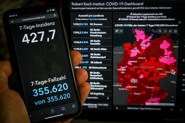 Coronavirus in Germany Covid 19 Robert Koch Institute dashboard 13 01 2022 Robert Koch Institute 7 days incidence 427.7 7 days number of cases 355 620 COVID 19 cases 7 743 228 addition by 81 417 compared to previous day COVID 19 deaths 115 051 addition by 316 compared to previous day