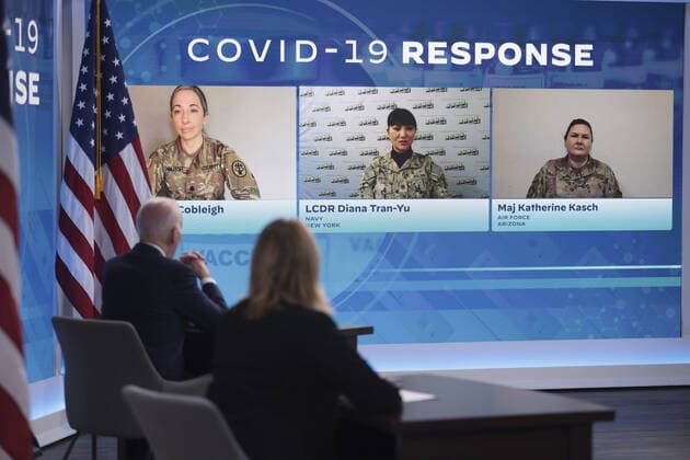 President Joe Biden speaks as he delivers an update on his Administration s whole-of-government COVID-19 surge response in South Court Auditorium of the Eisenhower Executive Office Building next to the White House on January 13, 2022 in Washington, DC.  wasp20220113111 OliverxContreras