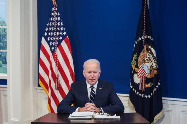 President Joe Biden speaks as he delivers an update on his administration s whole-of-government COVID-19 surge response in South Court Auditorium of the Eisenhower Executive Office Building next to the White House on January 13, 2022 in Washington, DC.  wasp20220113103 OliverxContreras