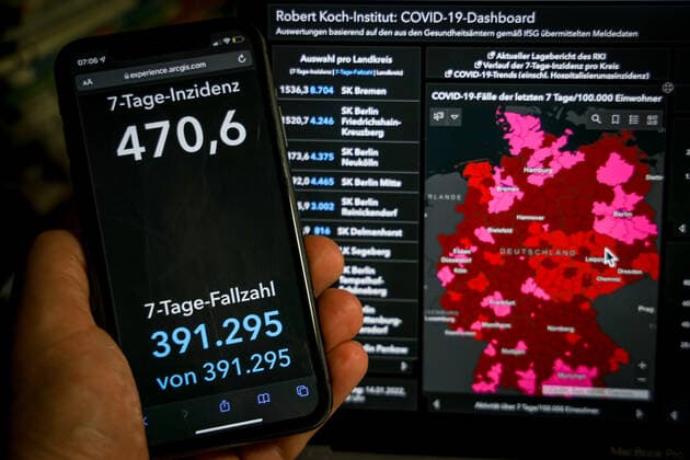 Coronavirus in Germany Covid 19 Dashboard of the Robert Koch Institute 14 01 2022 Robert Koch Institute 7 days Incidence 470.6 7 days Number of cases 391 295 COVID 19 cases 7 835 451 Addition by 92 223 compared to previous day COVID 19 deaths 115 337 Addition by 286 compared to previous day