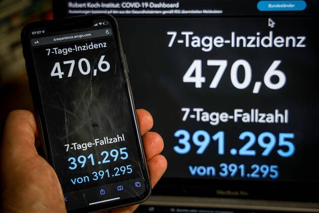Coronavirus in Germany Covid 19 Dashboard of the Robert Koch Institute 14 01 2022 Robert Koch Institute 7 days Incidence 470.6 7 days Number of cases 391 295 COVID 19 cases 7 835 451 Addition by 92 223 compared to previous day COVID 19 deaths 115 337 Addition by 286 compared to previous day