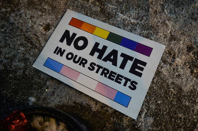 Pride Corner On Whyte In Edmonton A placard that reads No Hate In Our Streets seen during the Pride Corner on Whyte weekly gathering, on Whyte Avenue in Edmonton. On Friday, 14 January 2022, in Whyte Avenue, Edmonton, Alberta, Canada. Edmonton Canada  Copyright: xArturxWidakx originalFilename: widak-pridecor220114_npL6h.jpg
