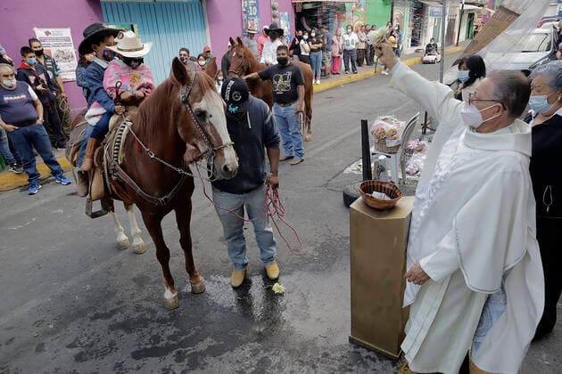 Mexiko, Gläubige lassen ihre Haustiere am Tag des Heiligen Antonius in Coyoacan segnen Animals Blessed In Honour Of St Anthony The Abbot In Mexico A priest blesses a horse outside a church in Coyoacan, Mexico City, in honour of San Antonio Abad, patron saint of animals, during the COVID-19 health emergency and the epidemiological traffic light in the capital. Mexico City Mexico City Mexico  Copyright: xGerardoxVieyrax originalFilename: vieyra-notitle170117_np8bj.jpg