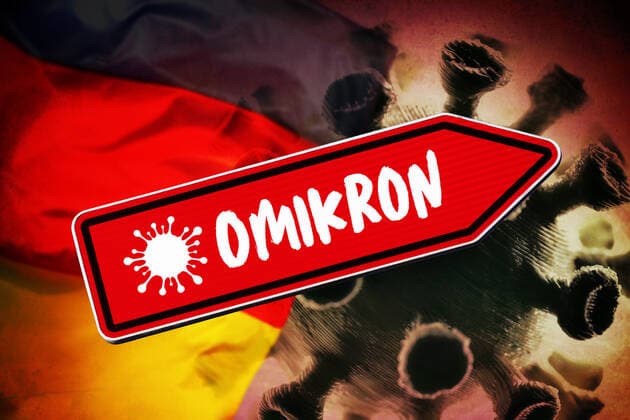 PHOTOMONTAGE, Red signpost with inscription Omikron, increasing Omikron case numbers in Germany ** NUR FUER REDAKTIONELLE ZWECKE ** EDITORIAL USE ONLY **