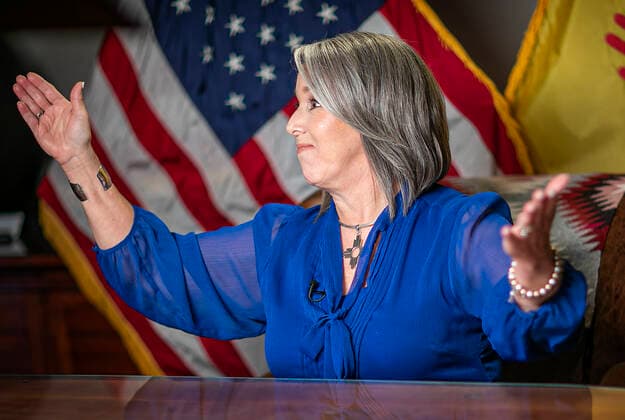 January 18, 2022, Santa Fe, New Mexico, USA: Governor Michelle Lujan Grisham reacts with relief after delivering the State of the State address during the 56th legislative session on Tuesday, January 18, 2022. Santa Fe USA - ZUMAab1_ 20220118_zaf_ab1_015 Copyright: xJimxWeberx