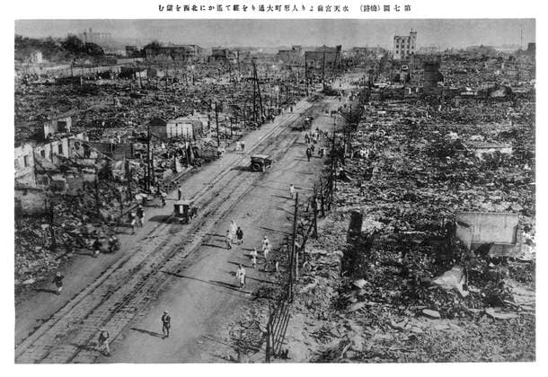 The Great KantÅ earthquake (é–¢æ±a¤ßéœ‡ç½ KantÅ daishinsai) struck the KantÅ Plain on the Japanese main island of HonshÅ« at 11:58 in the morning on Saturday, September 1, 1923. Varied accounts indicate the duration of the earthquake was between four and 10 minutes. The 2011 TÅhoku earthquake later surpassed that record, at magnitude 9.0.<br ><br > The earthquake had a magnitude of 7.9 on the Moment magnitude scale (Mw), with its focus deep beneath Izu Åashima Island in the Sagami Bay. The cause was a rupture of part of the convergent boundary where the Philippine Sea Plate is subducting beneath the Okhotsk Plate along the line of the Sagami Trough.<br ><br > This earthquake devastated Tokyo, the port city of Yokohama, and the surro Supplier:xCPAxMediaxCo.xLtd. 1060_05_cpa0027325