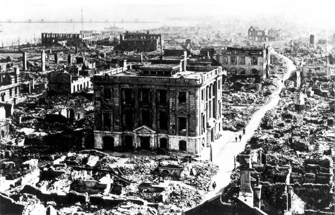 The Great KantÅ earthquake (é–¢æ±a¤ßéœ‡ç½ KantÅ daishinsai) struck the KantÅ Plain on the Japanese main island of HonshÅ« at 11:58 in the morning on Saturday, September 1, 1923. Varied accounts indicate the duration of the earthquake was between four and 10 minutes. The 2011 TÅhoku earthquake later surpassed that record, at magnitude 9.0.<br ><br > The earthquake had a magnitude of 7.9 on the Moment magnitude scale (Mw), with its focus deep beneath Izu Åashima Island in the Sagami Bay. The cause was a rupture of part of the convergent boundary where the Philippine Sea Plate is subducting beneath the Okhotsk Plate along the line of the Sagami Trough.<br ><br > This earthquake devastated Tokyo, the port city of Yokohama, and the surro Supplier:xCPAxMediaxCo.xLtd. 1060_05_cpa0027328