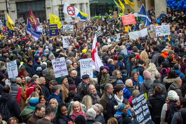 January 22, 2022, London, England, United Kingdom: Thousands of anti-vaccine protesters stage a demonstration outside London headquarters of BBC. London United Kingdom - ZUMAs262 20220122_zip_s262_037 Copyright: xTayfunxSalcix