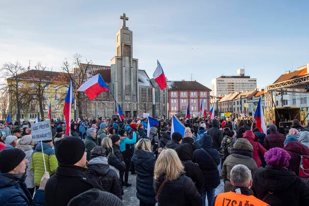 The demonstration of the Let Us Open Czechia-DOG Croaked group with the slogan Life without Conditions , which was attended by opponents against epidemiological measures and compulsory COVID-19 vaccination, was held on January 22, 2022, in Hradec Kralove, Czech Republic. (CTKxPhoto DavidxTanecek) CTKPhotoP2022012205085  TAD 005