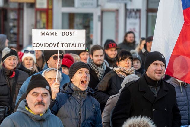 The demonstration of the Let Us Open Czechia-DOG Croaked group with the slogan Life without Conditions , which was attended by opponents against epidemiological measures and compulsory COVID-19 vaccination, was held on January 22, 2022, in Hradec Kralove, Czech Republic. (CTKxPhoto DavidxTanecek) CTKPhotoP2022012205090  TAD 010