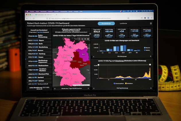 Coronavirus in Germany Covid 19 Dashboard of the Robert Koch Institute 23 01 2022 Robert Koch Institute 7 days Incidence 806.8 7 days Number of cases 670 921 COVID 19 Cases 8 681 447 Addition by 85 440 compared to previous day COVID 19 Deaths 116 718 Addition by 54 compared to previous day