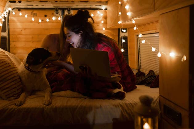 Happy woman with laptop looking at dog in illuminated van model released property released, EGHF00306