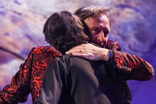 MOSCOW, RUSSIA â€“ JANUARY 24, 2022: Conductor Yuri Bashmet (L) and German oboist Albrecht Mayer hug during a concert marking his 69th birthday at the Tchaikovsky Concert Hall; the concert is held as part of the 2022 Winter International Arts Festival. Artyom Geodakyan TASS  TS12026F