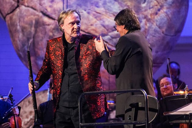 MOSCOW, RUSSIA â€“ JANUARY 24, 2022: Conductor Yuri Bashmet (R) and German oboist Albrecht Mayer perform during a concert marking his 69th birthday at the Tchaikovsky Concert Hall; the concert is held as part of the 2022 Winter International Arts Festival. Artyom Geodakyan TASS  TS120270