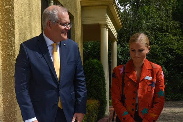 2022 AUSTRALIAN OF THE YEAR AWARDS MORNING TEA, Prime Minister Scott Morrison and 2021 Australian of the Year Grace Tame during a morning tea for state and territory recipients in the 2022 Australian of the Year Awards at The Lodge in Canberra, Tuesday, January 25, 2022. ( NO ARCHIVING, EDITORIAL USE ONLY, NO USE IN BOOKS WITHOUT CONSENT CANBERRA ACT AUSTRALIA  Copyright: xMICKxTSIKASx 20220125001616760653
