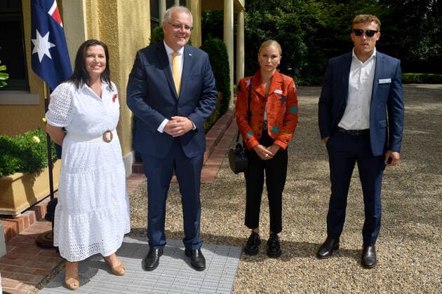2022 AUSTRALIAN OF THE YEAR AWARDS MORNING TEA, Prime Minister Scott Morrison wife Jenny and 2021 Australian of the Year Grace Tame and partner Max Heerey during a morning tea for state and territory recipients in the 2022 Australian of the Year Awards at The Lodge in Canberra, Tuesday, January 25, 2022. ( NO ARCHIVING, EDITORIAL USE ONLY, NO USE IN BOOKS WITHOUT CONSENT CANBERRA ACT AUSTRALIA  Copyright: xMICKxTSIKASx 20220125001616760679