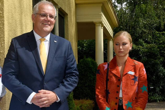 2022 AUSTRALIAN OF THE YEAR AWARDS MORNING TEA, Prime Minister Scott Morrison and 2021 Australian of the Year Grace Tame during a morning tea for state and territory recipients in the 2022 Australian of the Year Awards at The Lodge in Canberra, Tuesday, January 25, 2022. ( NO ARCHIVING, EDITORIAL USE ONLY, NO USE IN BOOKS WITHOUT CONSENT CANBERRA ACT AUSTRALIA  Copyright: xMICKxTSIKASx 20220125001616760903