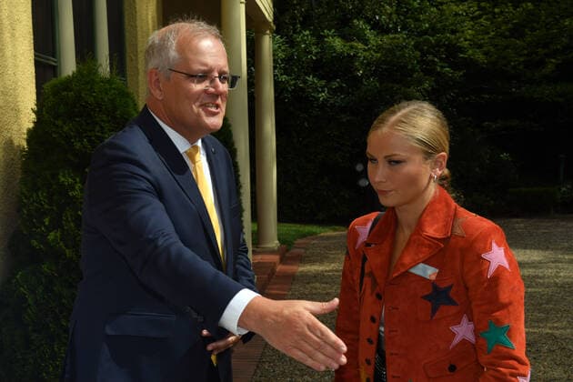 2022 AUSTRALIAN OF THE YEAR AWARDS MORNING TEA, Prime Minister Scott Morrison and 2021 Australian of the Year Grace Tame during a morning tea for state and territory recipients in the 2022 Australian of the Year Awards at The Lodge in Canberra, Tuesday, January 25, 2022. ( NO ARCHIVING, EDITORIAL USE ONLY, NO USE IN BOOKS WITHOUT CONSENT CANBERRA ACT AUSTRALIA  Copyright: xMICKxTSIKASx 20220125001616760919