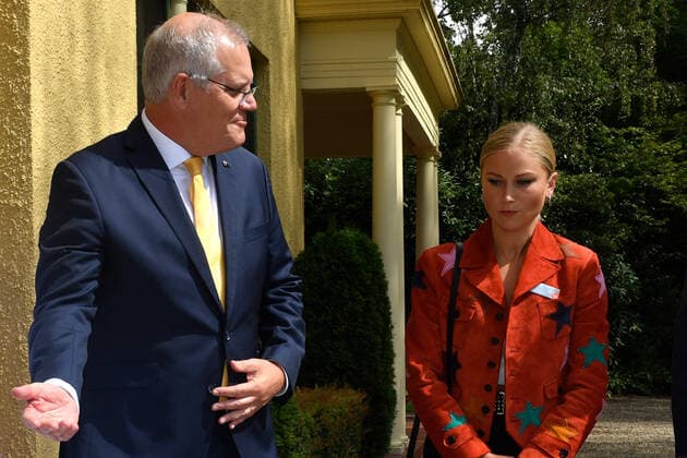 2022 AUSTRALIAN OF THE YEAR AWARDS MORNING TEA, Prime Minister Scott Morrison, wife Jenny and 2021 Australian of the Year Grace Tame and partner Max Heerey during a morning tea for state and territory recipients in the 2022 Australian of the Year Awards at The Lodge in Canberra, Tuesday, January 25, 2022. ( NO ARCHIVING, EDITORIAL USE ONLY, NO USE IN BOOKS WITHOUT CONSENT CANBERRA ACT AUSTRALIA  Copyright: xMICKxTSIKASx 20220125001616760935