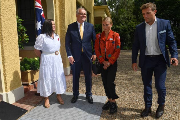 2022 AUSTRALIAN OF THE YEAR AWARDS MORNING TEA, Prime Minister Scott Morrison wife Jenny and 2021 Australian of the Year Grace Tame and partner Max Heerey during a morning tea for state and territory recipients in the 2022 Australian of the Year Awards at The Lodge in Canberra, Tuesday, January 25, 2022. ( NO ARCHIVING, EDITORIAL USE ONLY, NO USE IN BOOKS WITHOUT CONSENT CANBERRA ACT AUSTRALIA  Copyright: xMICKxTSIKASx 20220125001616760976