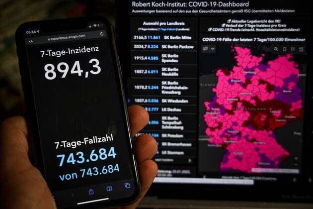 Coronavirus in Germany Covid 19 Robert Koch Institute dashboard 25 01 2022 Robert Koch Institute 7 days incidence 894.3 7 days number of cases 743 684 COVID 19 cases 8 871 795 addition by 126 955 compared to previous day COVID 19 deaths 116 960 addition by 214 compared to previous day