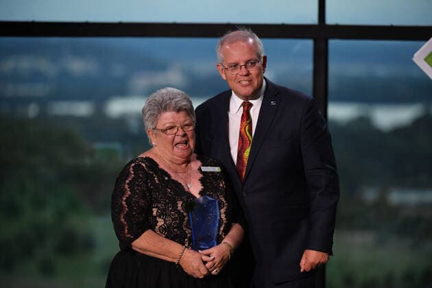 2022 AUSTRALIAN OF THE YEAR AWARDS, Senior Australian of the Year winner Valmai Dempsey and Prime Minister Scott Morrison during the 2022 Australian of the Year Awards ceremony, at the National Arboretum in Canberra, Tuesday, January 25, 2022. ( NO ARCHIVING, EDITORIAL USE ONLY, NO USE IN BOOKS WITHOUT CONSENT CANBERRA ACT AUSTRALIA  Copyright: xMICKxTSIKASx 20220125001616863060