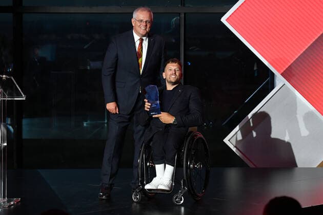 2022 AUSTRALIAN OF THE YEAR AWARDS, Prime Minister Scott Morrison and 2022 Australian of the Year winner Dylan Alcott during the 2022 Australian of the Year Awards ceremony, at the National Arboretum in Canberra, Tuesday, January 25, 2022. ( NO ARCHIVING, EDITORIAL USE ONLY, NO USE IN BOOKS WITHOUT CONSENT CANBERRA ACT AUSTRALIA  Copyright: xMICKxTSIKASx 20220125001616864356