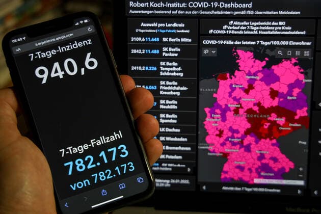 Coronavirus in Germany Covid 19 Robert Koch Institute dashboard 26 01 2022 Robert Koch Institute 7 days incidence 940.6 7 days number of cases 782 173 COVID 19 cases 9 035 795 addition by 164 000 compared to previous day COVID 19 deaths 117 126 addition by 166 compared to previous day