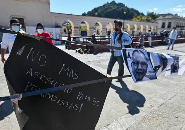Mexican Journalists Demand End To Killings Photos of murdered journalists displayed in front of the Cathedral of San Cristobal de las Casas, during a nationwide protest against violence against journalists in Mexico. Journalist Lourdes Maldonado Lopez was shot dead on the 24 January 2022 in her car outside her home in Tijuana, marking the third murder of a journalist in the country this year. On Tuesday, January 25, 2022, in San Cristobal de las Casas, Chiapas, Mexico. San Cristobal de las Casas Mexico  Copyright: xArturxWidakx originalFilename: widak-mexicanj220125_npyvb.jpg