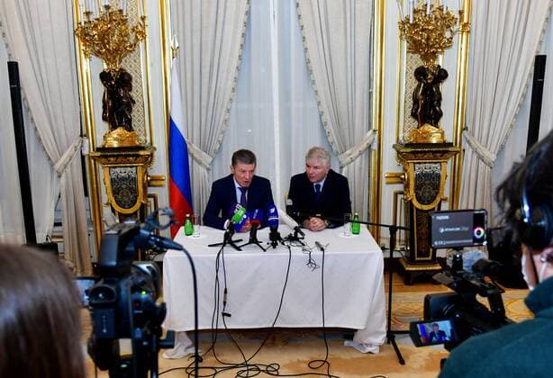 France Normandy Format Talks 6749214 26.01.2022 Kremlin Deputy Chief of Staff Dmitry Kozak, left, talks to the media during a news conference following the talks of advisers to the leaders of the Normandy Four (France, Germany, Russia, Ukraine), in Paris, France. Russian Ambassador to France and Monaco Alexei Meshkov, is at right. Dominique Boutin Sputnik Paris France  Copyright: xDominiquexBoutinx