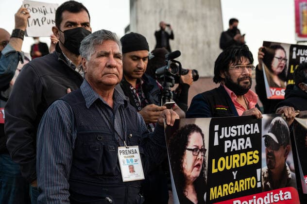 January 26, 2022, Tijuana, Baja California, Mexico: Members of the Mexican press join a national protest against the murder of journalist Lourdes Maldonado and photojournalist Margarito Esquivel, at the Mexico monument in Tijuana, Mexico. Despite the governmentÃ¢â‚¬â ¢s pledge to protect members of the Mexican Press, more than 50 have been killed and 15 disappeared since Lopez Obrador took office in 2018. Tijuana Mexico - ZUMAn305 20220126_znp_n305_003 Copyright: xRaquelxNatalicchiox