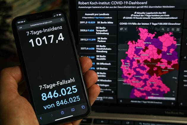 Coronavirus in Germany Covid 19 Robert Koch Institute dashboard 27 01 2022 Robert Koch Institute 7 days incidence 1017.4 7 days number of cases 846 025 COVID 19 cases 9 238 931 addition by 203 136 compared to previous day COVID 19 deaths 117 314 addition by 188 compared to previous day
