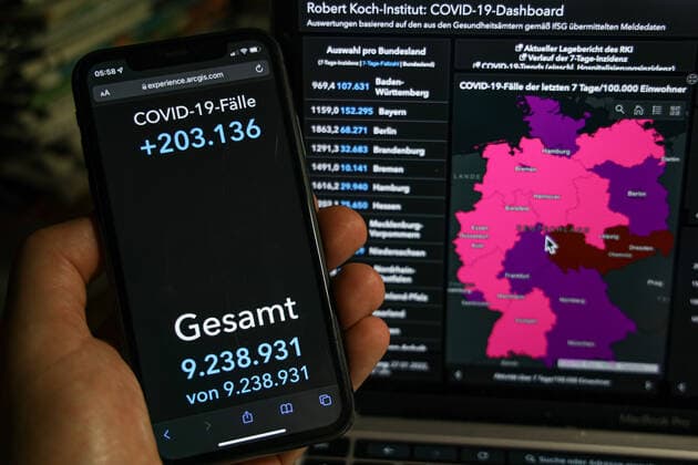 Coronavirus in Germany Covid 19 Robert Koch Institute dashboard 27 01 2022 Robert Koch Institute 7 days incidence 1017.4 7 days number of cases 846 025 COVID 19 cases 9 238 931 addition by 203 136 compared to previous day COVID 19 deaths 117 314 addition by 188 compared to previous day