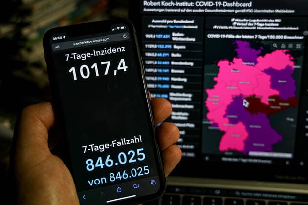 Coronavirus in Germany Covid 19 Robert Koch Institute dashboard 27 01 2022 Robert Koch Institute 7 days incidence 1017.4 7 days number of cases 846 025 COVID 19 cases 9 238 931 addition by 203 136 compared to previous day COVID 19 deaths 117 314 addition by 188 compared to previous day