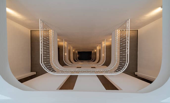 Mellieha, Malta - 01 07 2022: High angle perspective of a modern staircase in the Solona hotel